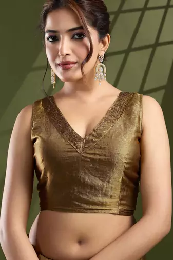 Women's gold silk blend swaroski work saree with unstitched blouse piece