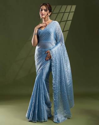 sky blue silk blend swaroski work saree with unstitched blouse 1