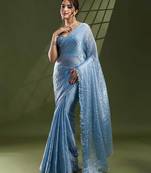 sky blue silk blend swaroski work saree with unstitched blouse