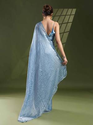 sky blue silk blend swaroski work saree with unstitched blouse 3