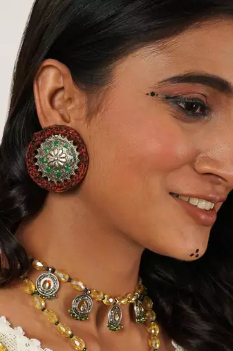Vintage green & copper crochet earrings