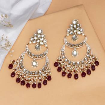 Royal kundan chandbali earrings with pearls & maroon semi precious stones 1