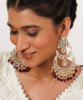 Royal kundan chandbali earrings with pearls & maroon semi precious stones 2