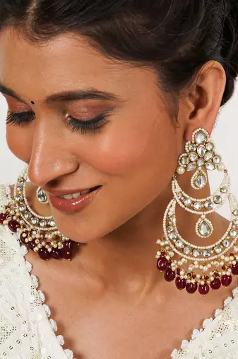 Royal kundan chandbali earrings with pearls & maroon semi precious stones