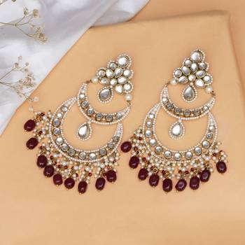 Royal kundan chandbali earrings with pearls & maroon semi precious stones 3
