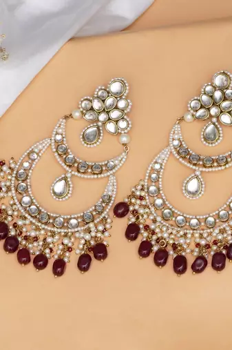Royal kundan chandbali earrings with pearls & maroon semi precious stones