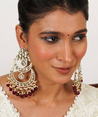 Royal kundan chandbali earrings with pearls & maroon semi precious stones 4