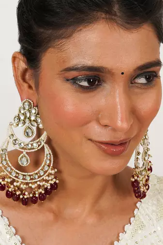 Royal kundan chandbali earrings with pearls & maroon semi precious stones
