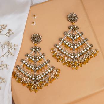 Traditional kundan dangler earrings with yellow beads & white pearls 1