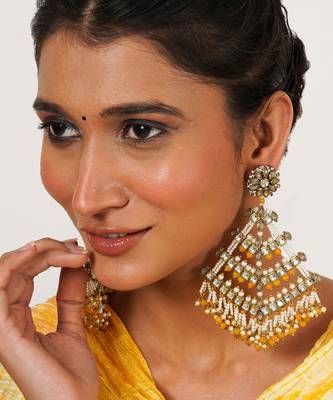 Traditional kundan dangler earrings with yellow beads & white pearls 2