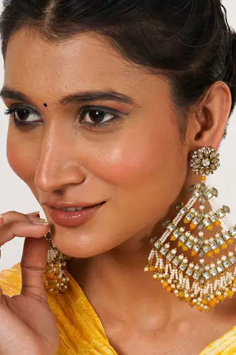 Traditional kundan dangler earrings with yellow beads & white pearls