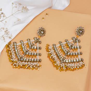 Traditional kundan dangler earrings with yellow beads & white pearls 3