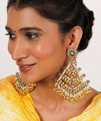 Traditional kundan dangler earrings with yellow beads & white pearls 4