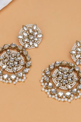 Handcrafted kundan flower stud earrings with pearl fringe