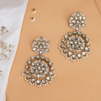 Handcrafted kundan flower stud earrings with pearl fringe 3