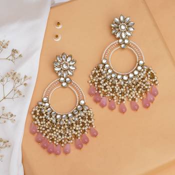 Rose pink crystal kundan chandbali earrings with pearls 1
