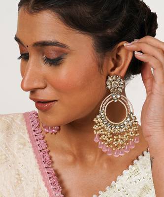 Rose pink crystal kundan chandbali earrings with pearls 2