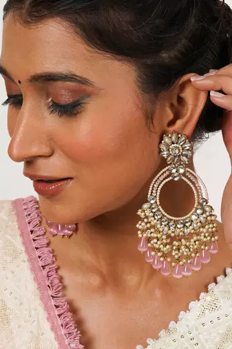 Rose pink crystal kundan chandbali earrings with pearls