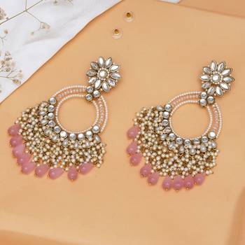 Rose pink crystal kundan chandbali earrings with pearls 3