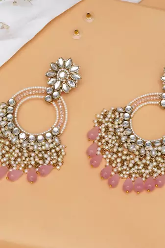 Rose pink crystal kundan chandbali earrings with pearls