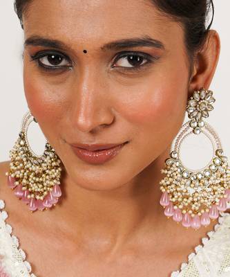 Rose pink crystal kundan chandbali earrings with pearls 4
