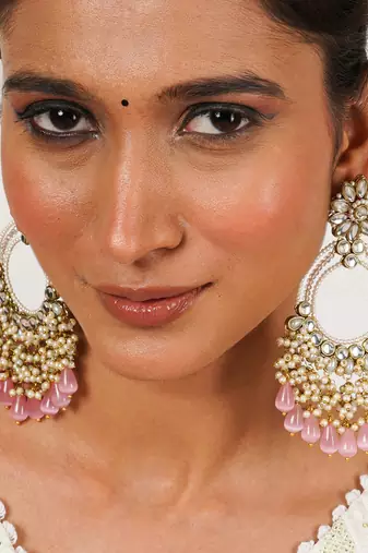 Rose pink crystal kundan chandbali earrings with pearls