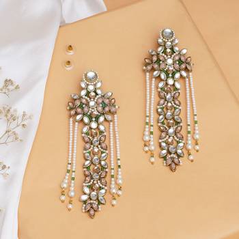 Pink & Multicolored floral kundan drop earrings with pearls 1