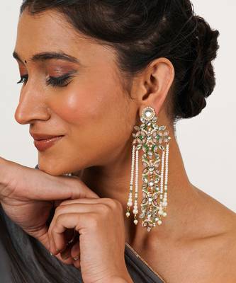 Pink & Multicolored floral kundan drop earrings with pearls 2