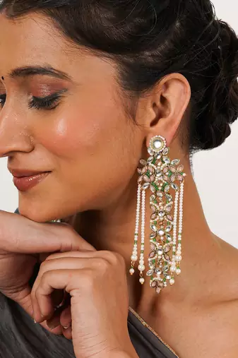 Pink & Multicolored floral kundan drop earrings with pearls