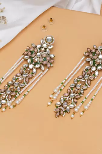 Pink & Multicolored floral kundan drop earrings with pearls