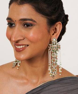 Pink & Multicolored floral kundan drop earrings with pearls 4