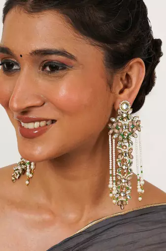 Pink & Multicolored floral kundan drop earrings with pearls