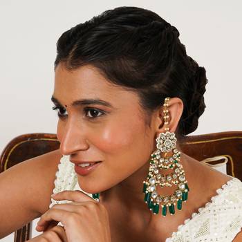 Traditional kundan chandelier earrings with green stones 2