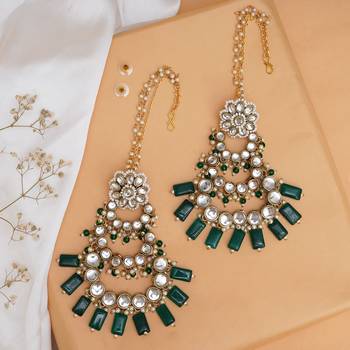 Traditional kundan chandelier earrings with green stones 3