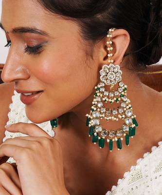 Traditional kundan chandelier earrings with green stones 4