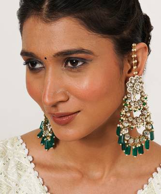 Traditional kundan chandelier earrings with green stones 5