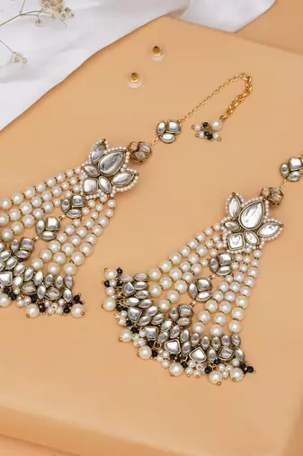 Floral kundan chandbali with pearl drapes earrings