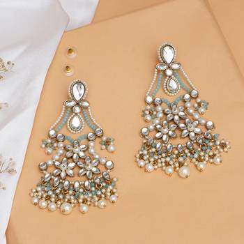 Pastel kundan earrings with floral design and pearl fringe 1