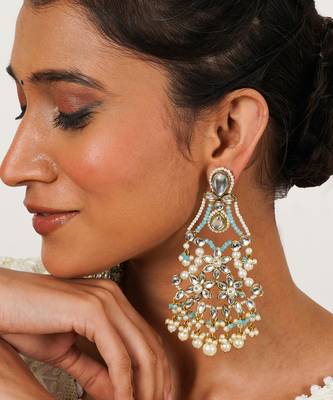 Pastel kundan earrings with floral design and pearl fringe 2