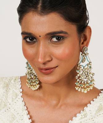 Pastel kundan earrings with floral design and pearl fringe 4