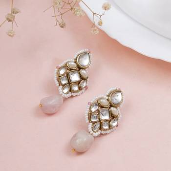 Regal kundan & pearl drop pink earrings 1