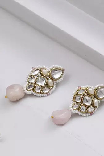 Regal kundan & pearl drop pink earrings