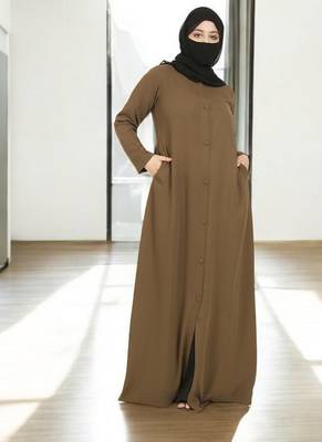 Olive front open abaya in firdaus  with pockets 1