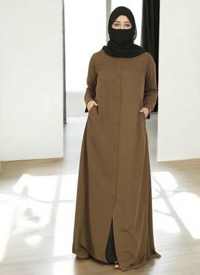 Olive front open abaya in firdaus  with pockets 2