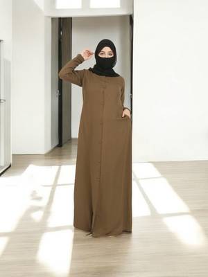 Olive front open abaya in firdaus  with pockets 3