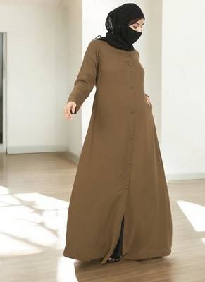 Olive front open abaya in firdaus  with pockets 4