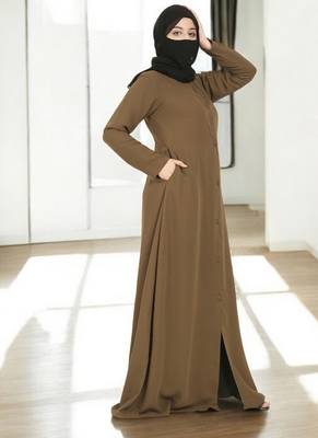 Olive front open abaya in firdaus  with pockets 5