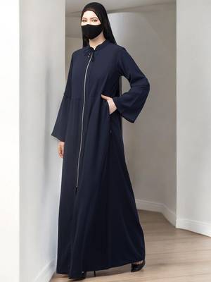 Navy-blue front open abaya with metal zipper 3