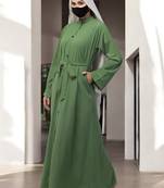 Green front open abaya in firdaus  with pockets