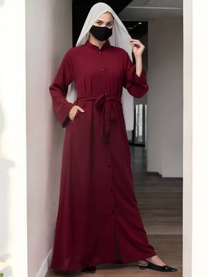 Maroon front open abaya in firdaus  with pockets 1